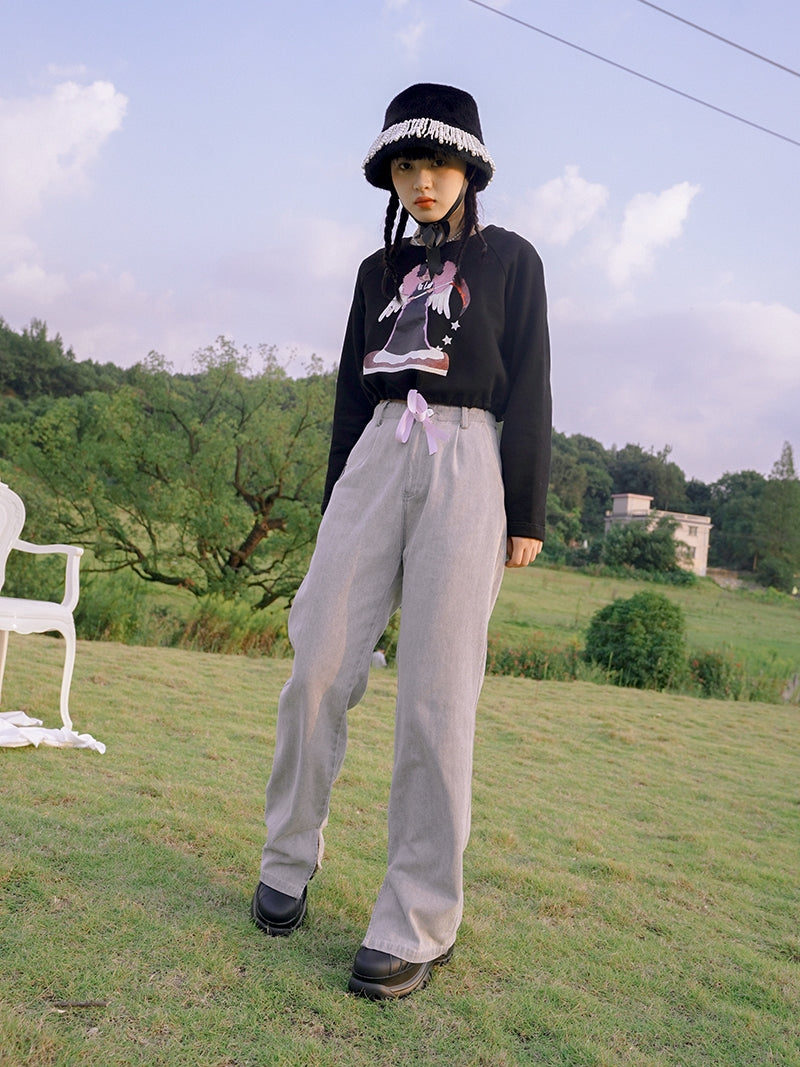 Casual Straight Denim Slit Pants