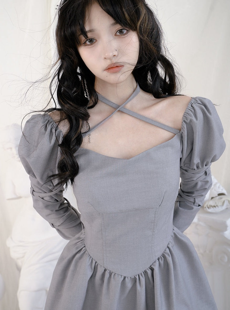 Cross Lace Grily Fluffy Ouff-sleeves One-piece