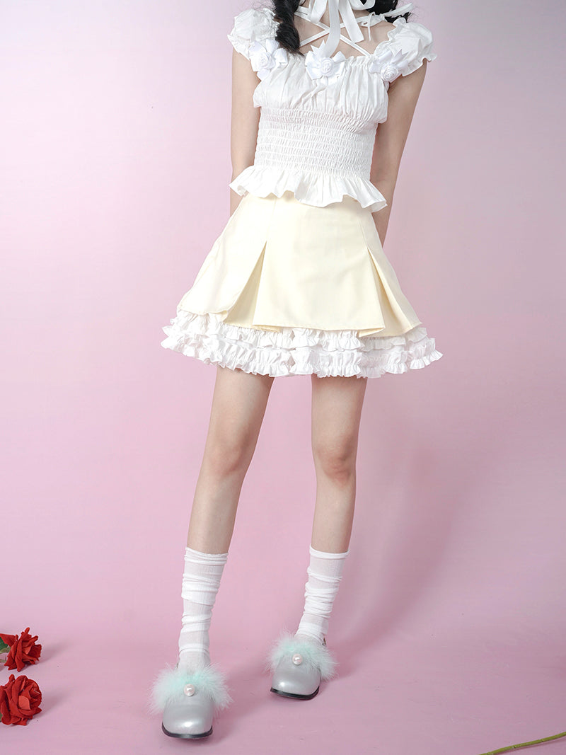 Pleated Lace Contrast Color Skirt