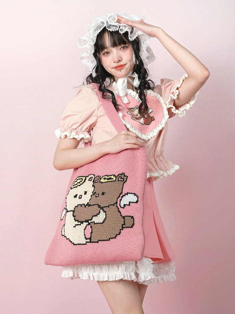 Angel Hug Bear Print Love Pink Shirt