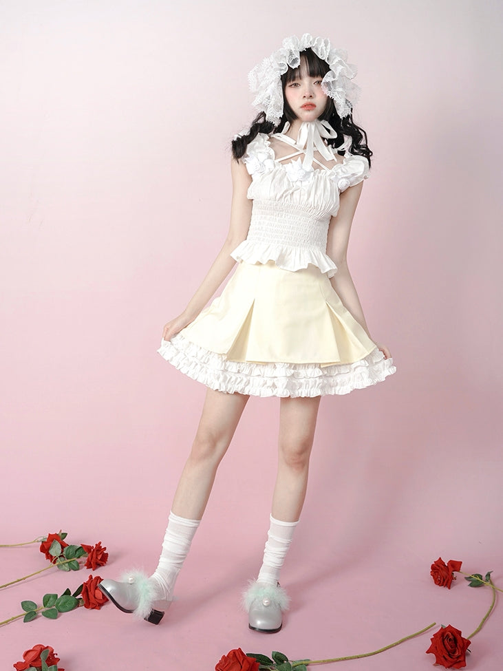 Pleated Lace Contrast Color Skirt