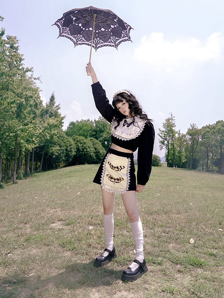 Butterfly Cross Print Lace Embroidered Short Shirt