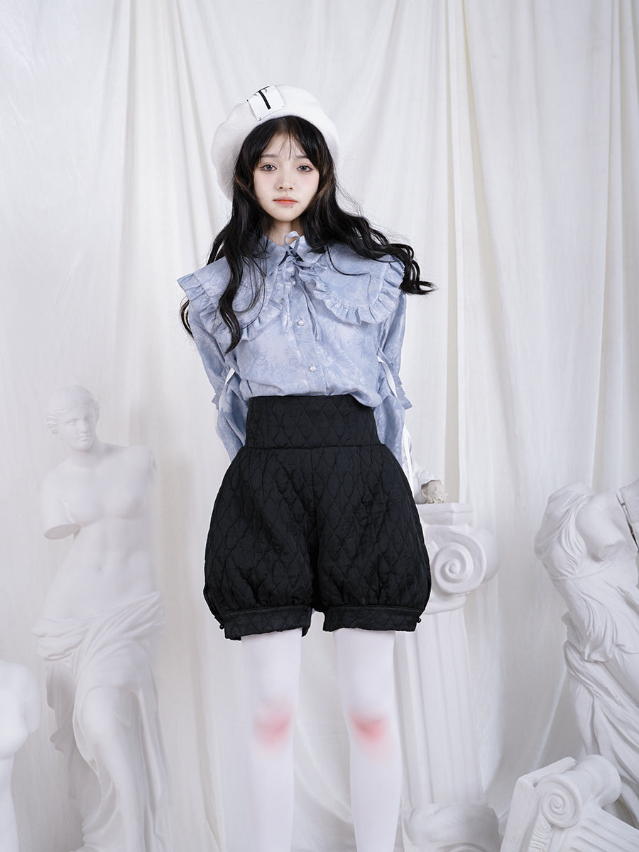 Frill Ribbon Balloon-sleeves Gloss Flower Blouse