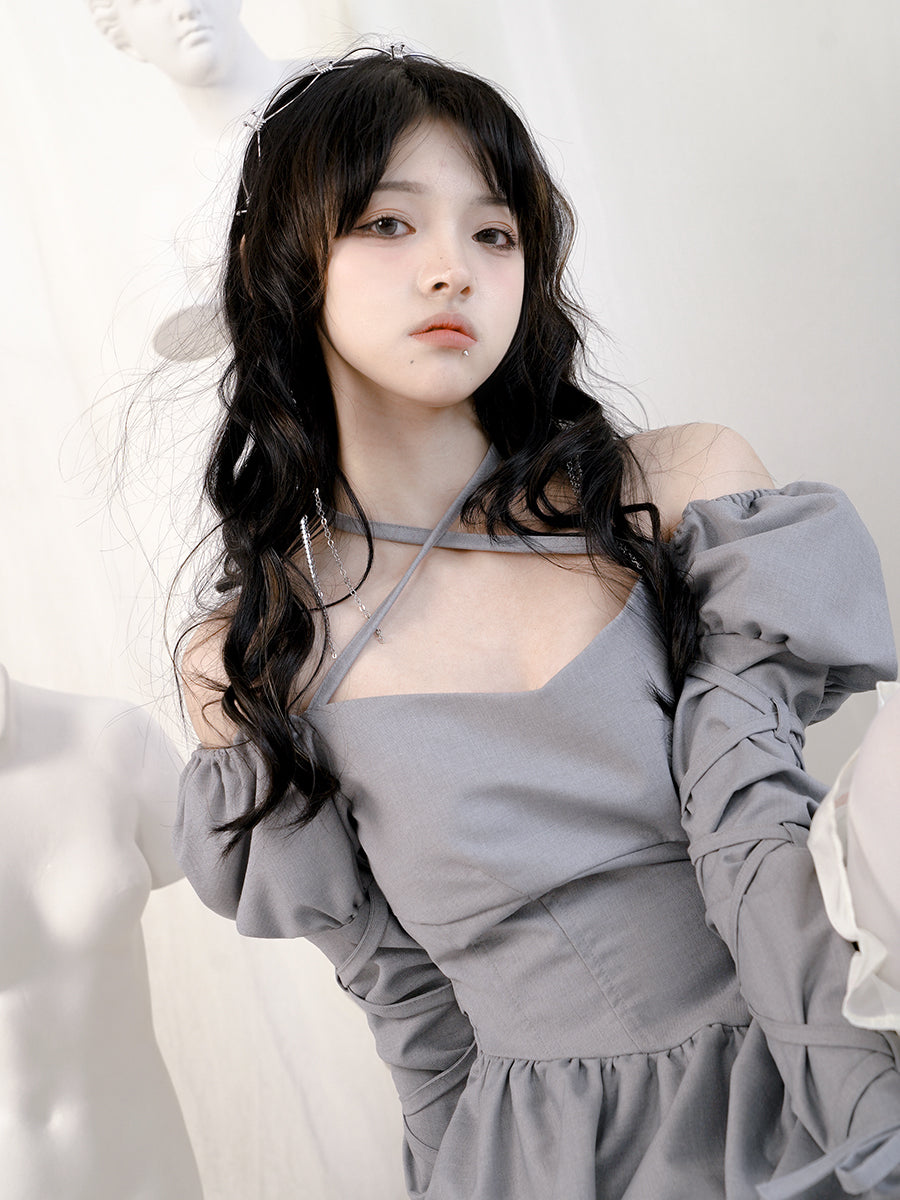 Cross Lace Grily Fluffy Ouff-sleeves One-piece