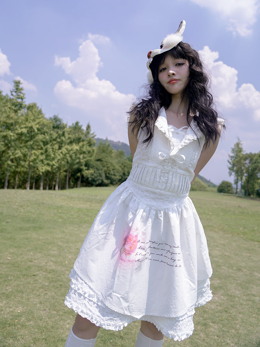 Rose Print Sleeveless Navy Neck Dress