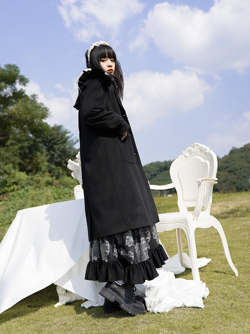 Frill Wool Girly Pearl-button Long-coat