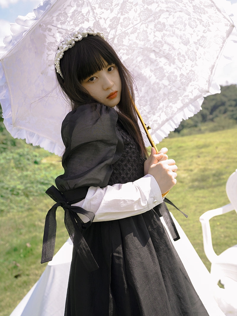 Monotone Ribbon Fluffy Ciffon One-piece