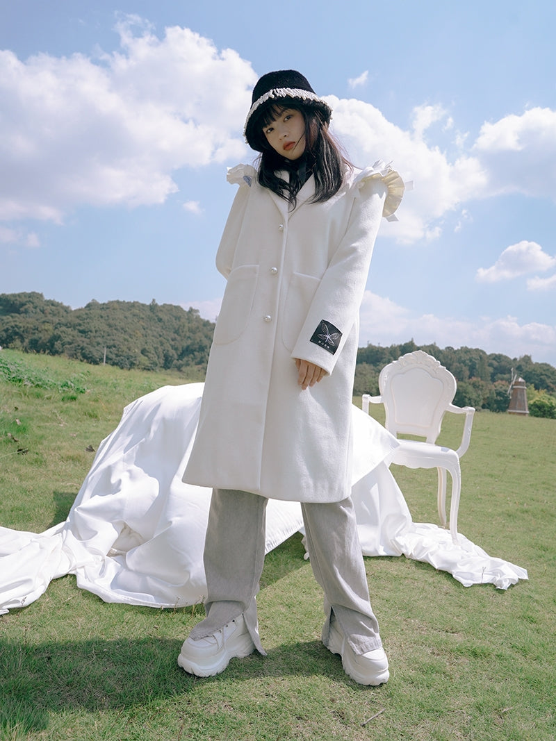 Frill Wool Girly Pearl-button Long-coat