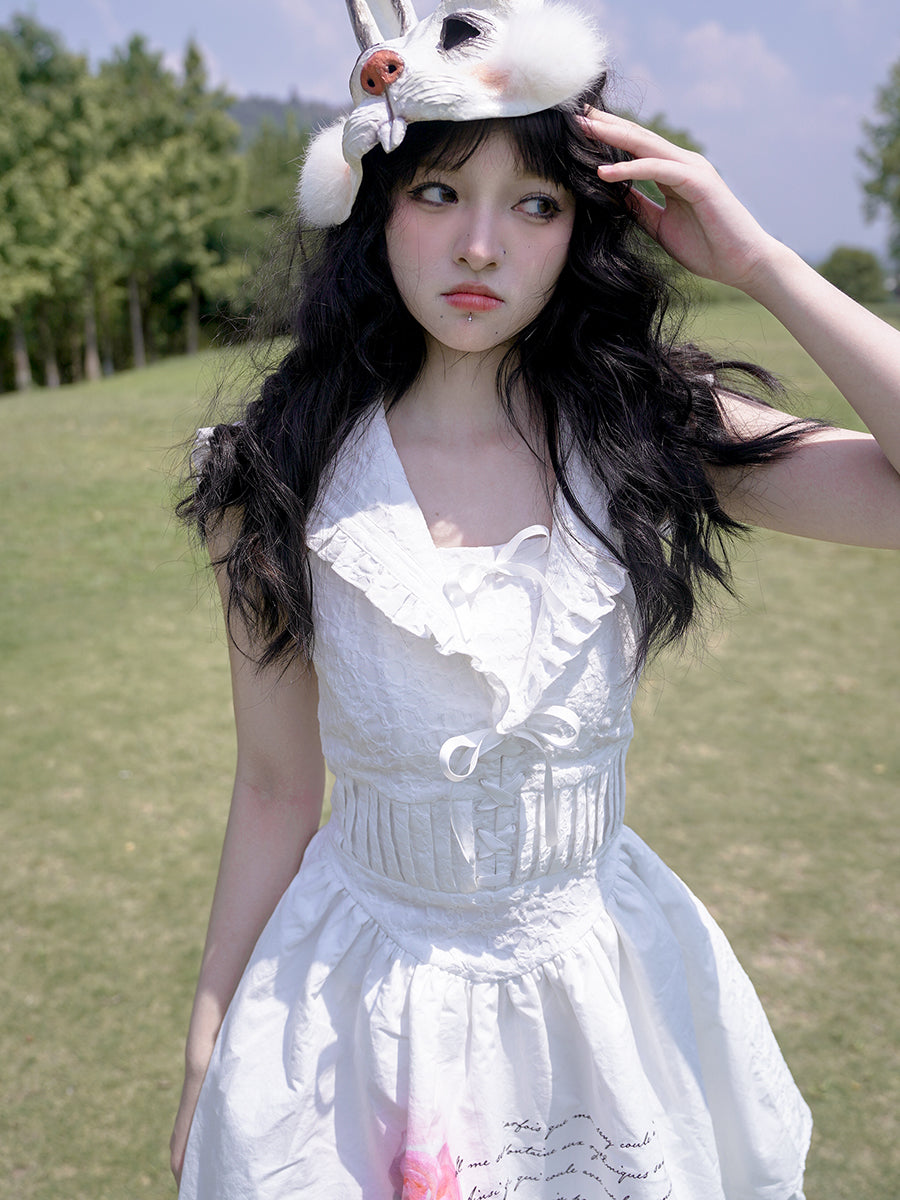 Rose Print Sleeveless Navy Neck Dress