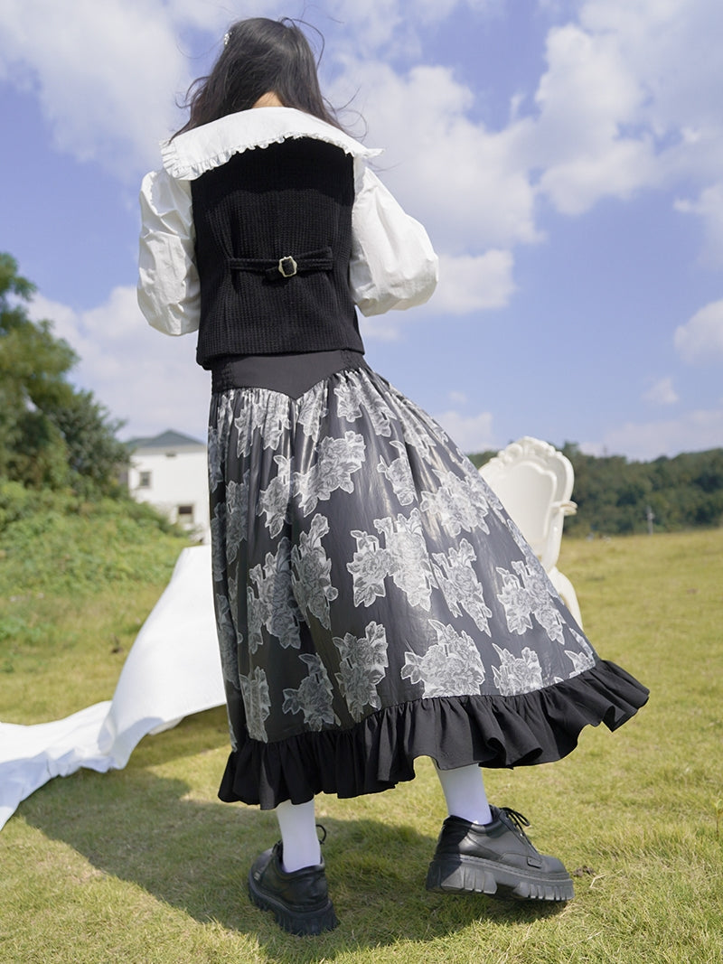 Tiered Frill Flower Retro Monotone Long Skirt