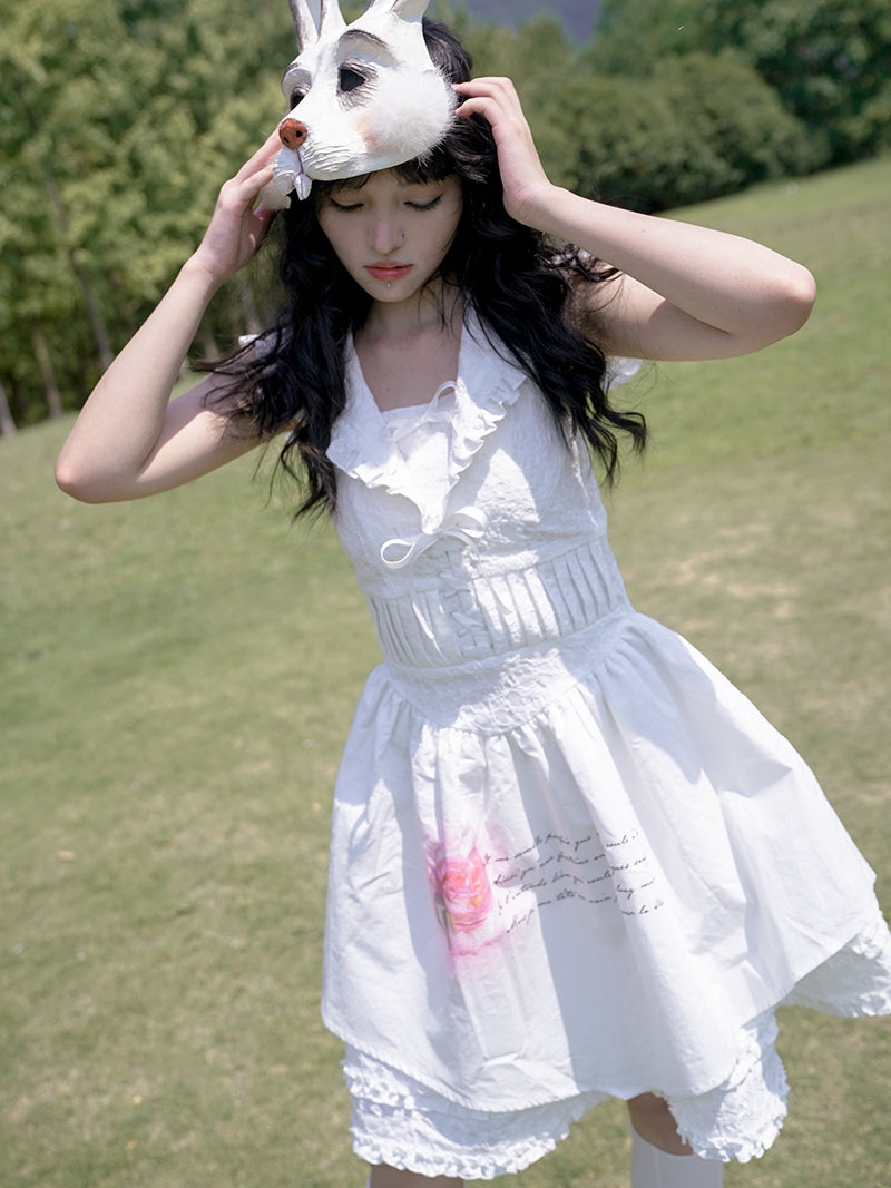 Rose Print Sleeveless Navy Neck Dress