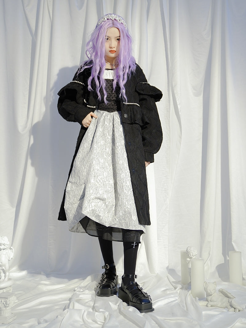 Embroidery Pearl Asymmetry Frill Coat