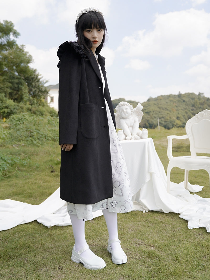 Frill Wool Girly Pearl-button Long-coat
