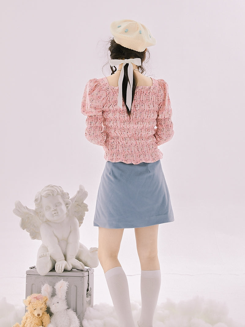 Wrinkled Gather Peplum Power-shoulder Blouse