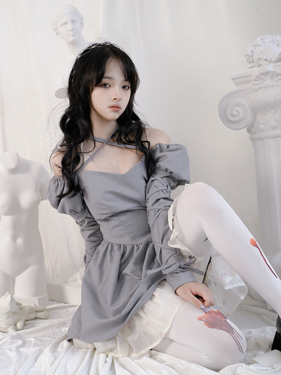 Cross Lace Grily Fluffy Ouff-sleeves One-piece