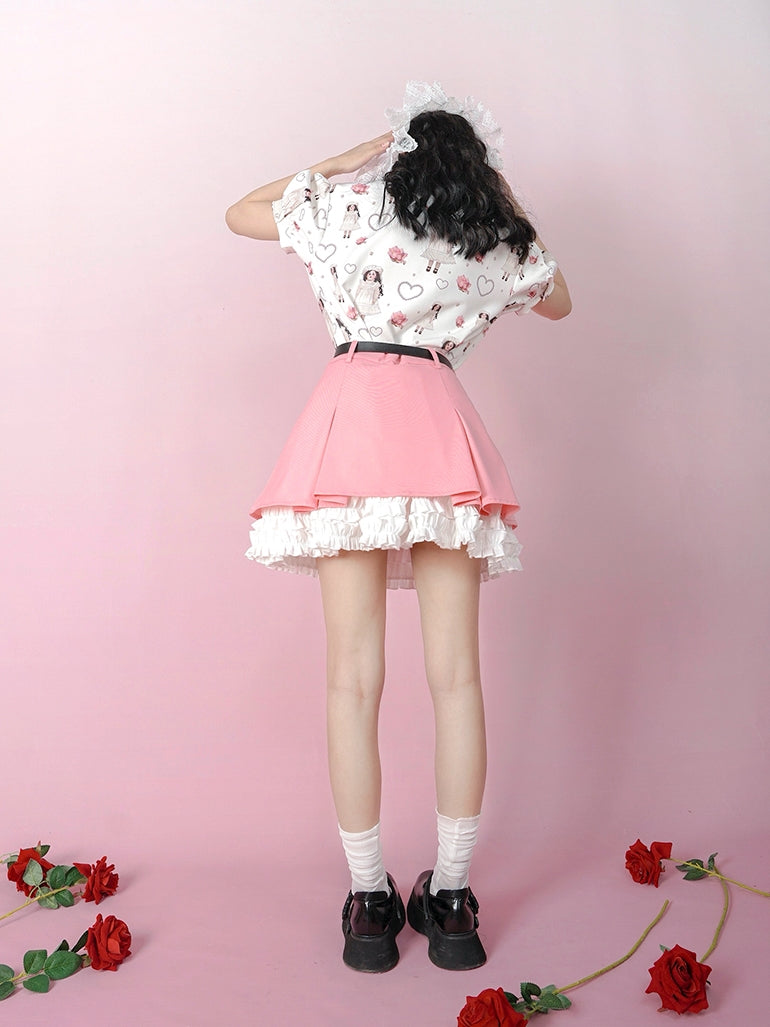 Pleated Lace Contrast Color Skirt