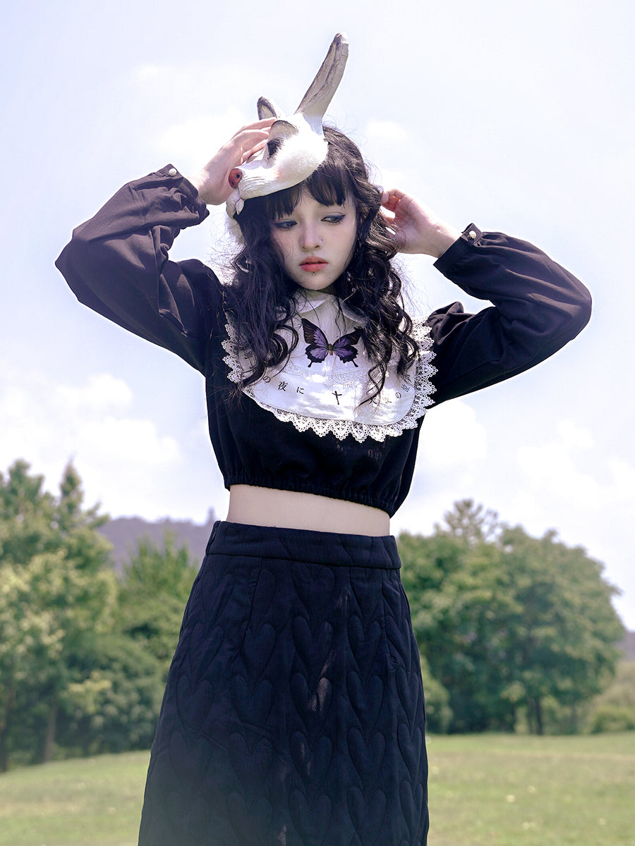 Butterfly Cross Print Lace Embroidered Short Shirt