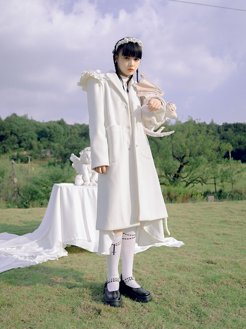 Frill Wool Girly Pearl-button Long-coat