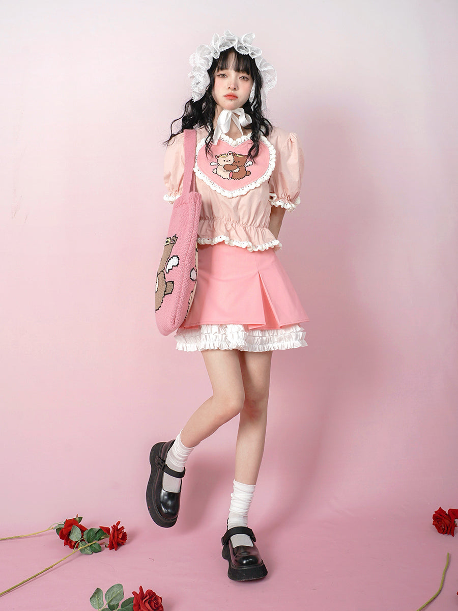 Angel Hug Bear Print Love Pink Shirt