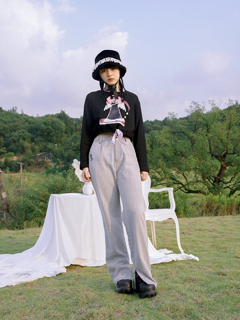 Casual Straight Denim Slit Pants