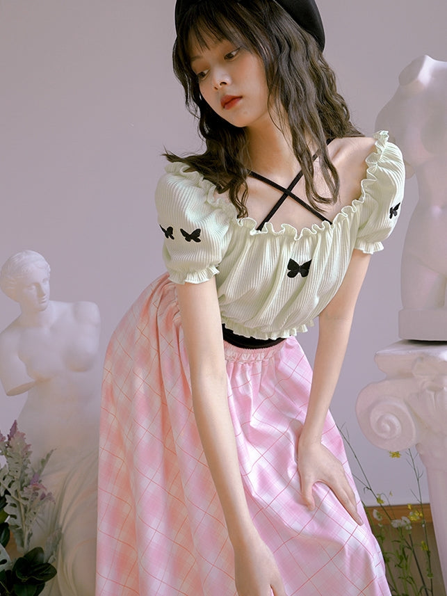 Plaid Flower Cute Frill Tiered Fluffy Skirt