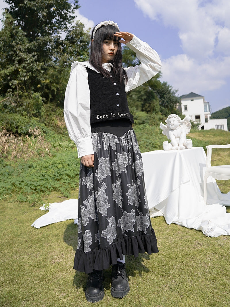 Tiered Frill Flower Retro Monotone Long Skirt