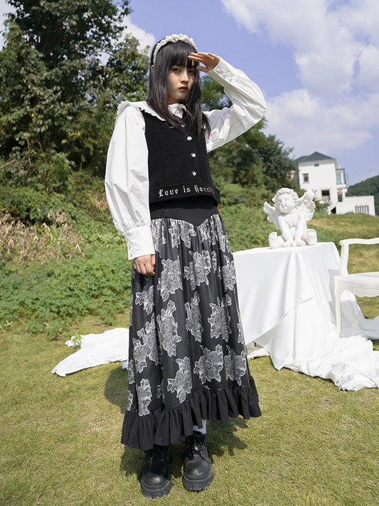 Tiered Frill Flower Retro Monotone Long Skirt