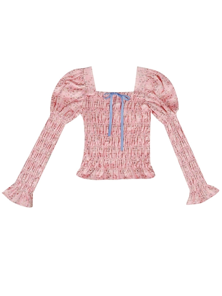 Wrinkled Gather Peplum Power-shoulder Blouse