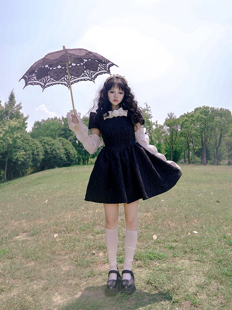 Bow Jacquard Short-sleeved Short Dress