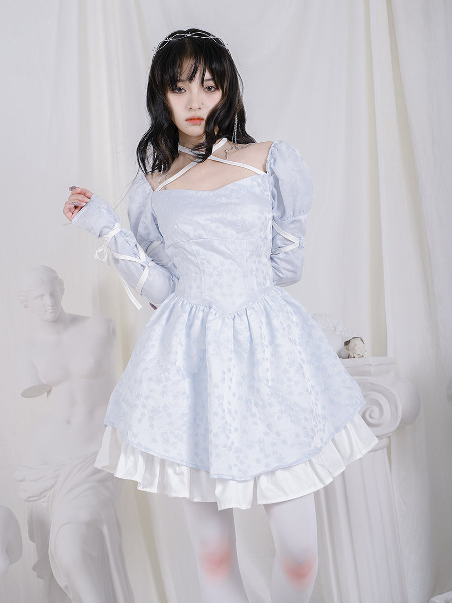 Cross Lace Grily Fluffy Ouff-sleeves One-piece