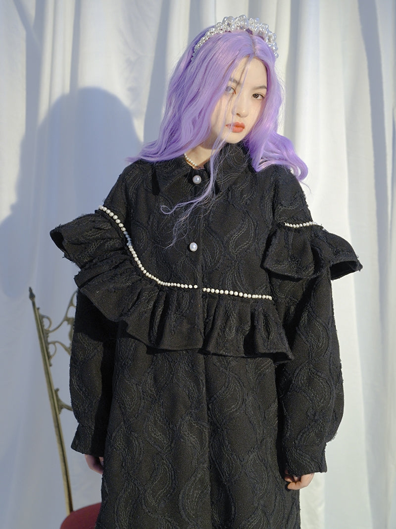 Embroidery Pearl Asymmetry Frill Coat