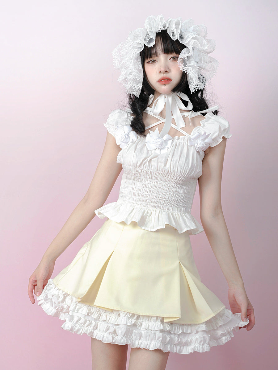 Pleated Lace Contrast Color Skirt