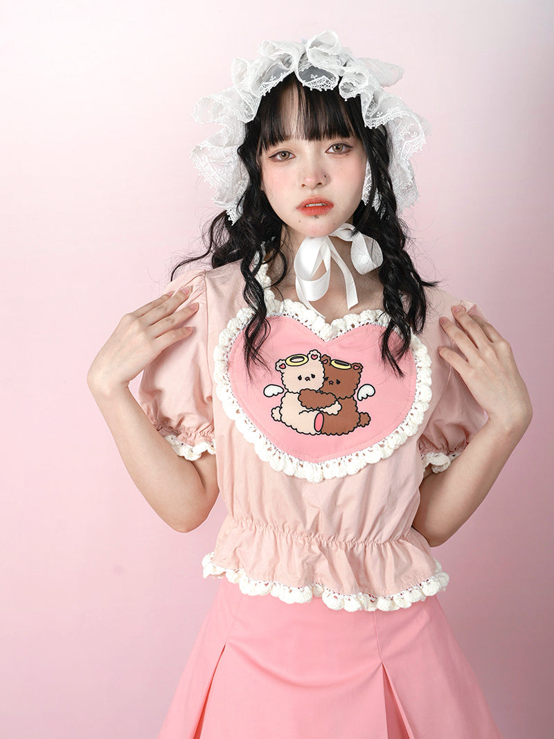 Angel Hug Bear Print Love Pink Shirt