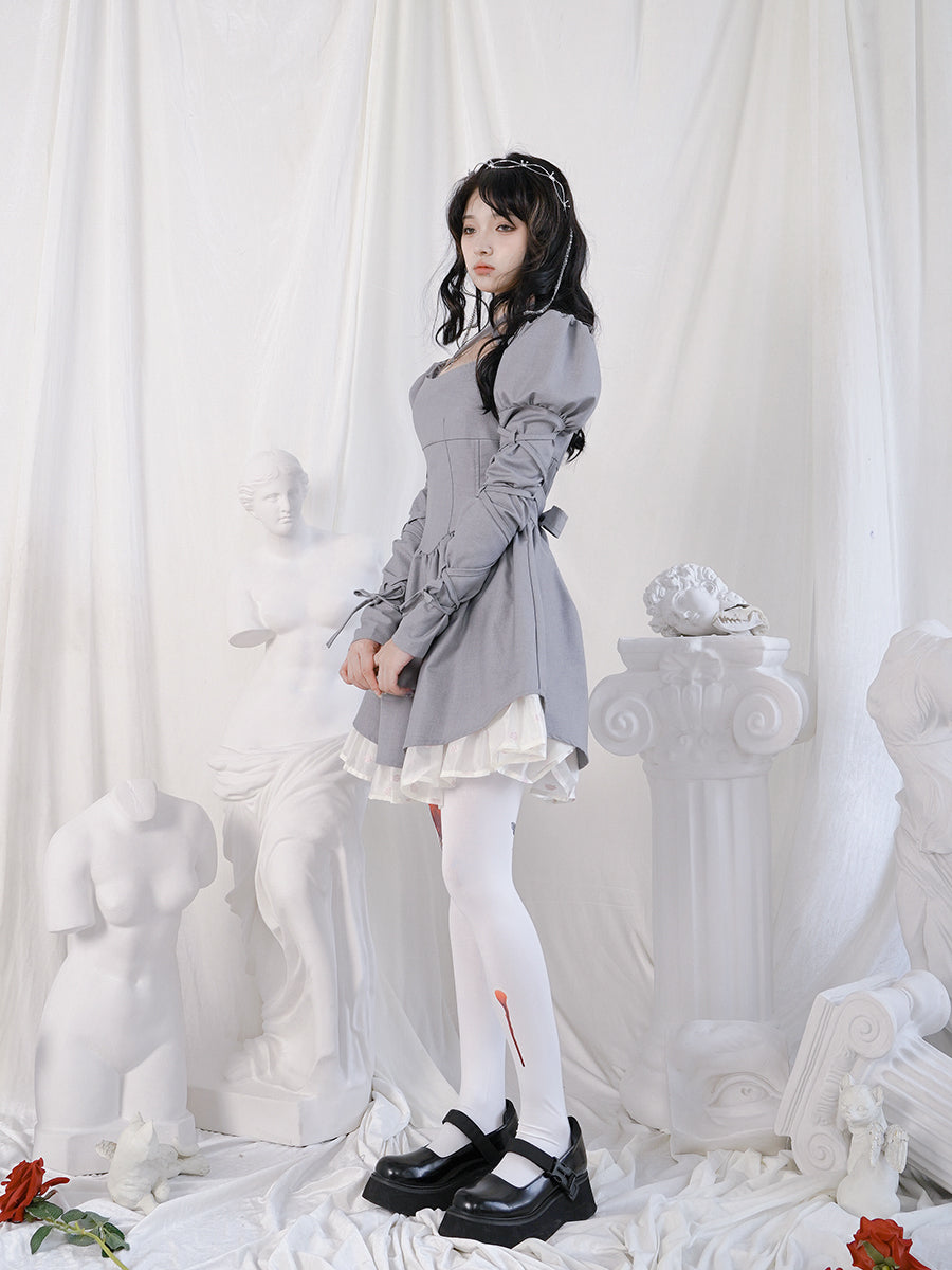 Cross Lace Grily Fluffy Ouff-sleeves One-piece