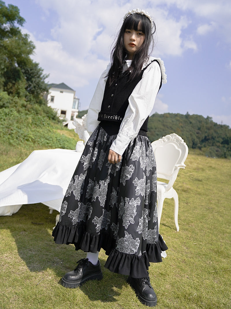 Tiered Frill Flower Retro Monotone Long Skirt