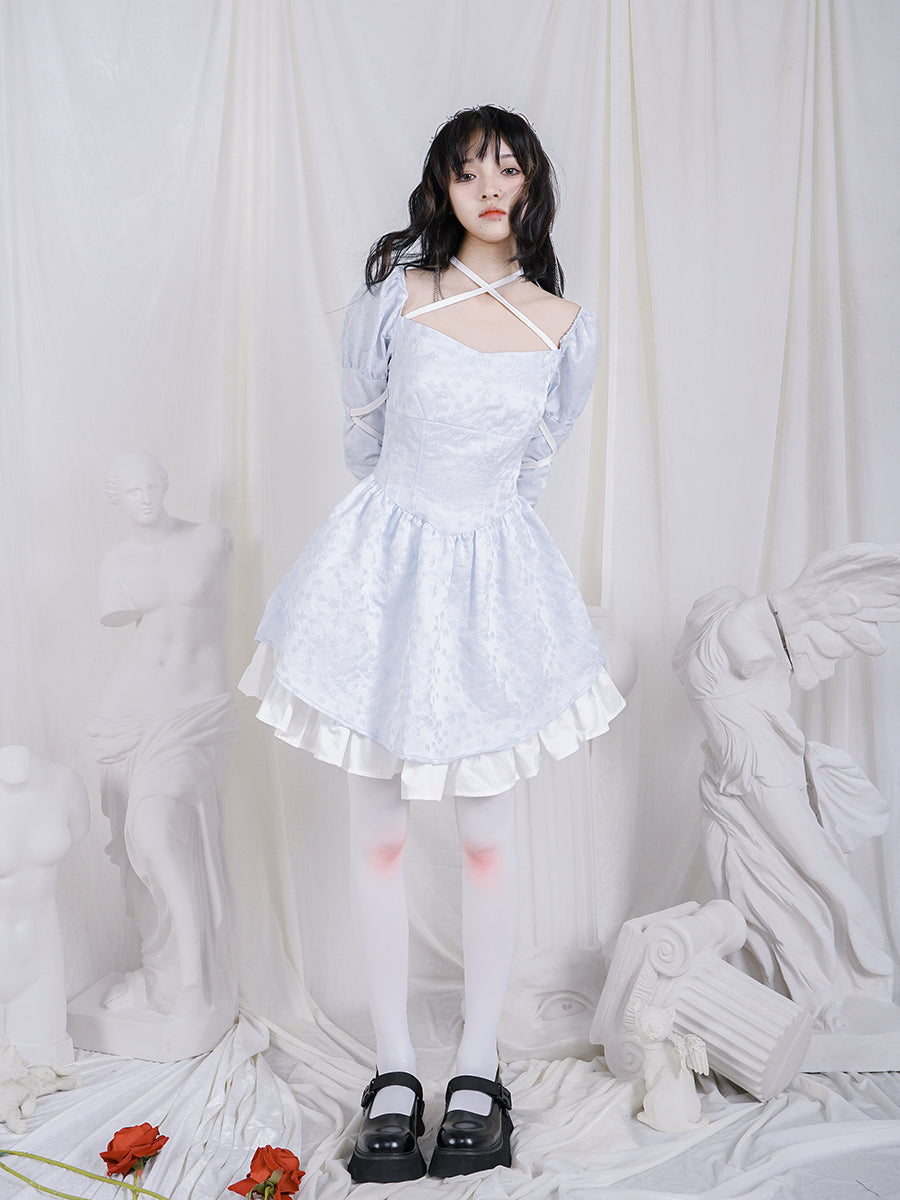 Cross Lace Grily Fluffy Ouff-sleeves One-piece