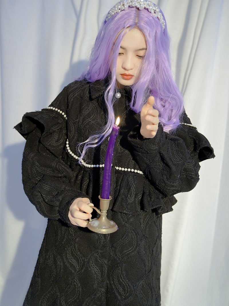 Embroidery Pearl Asymmetry Frill Coat