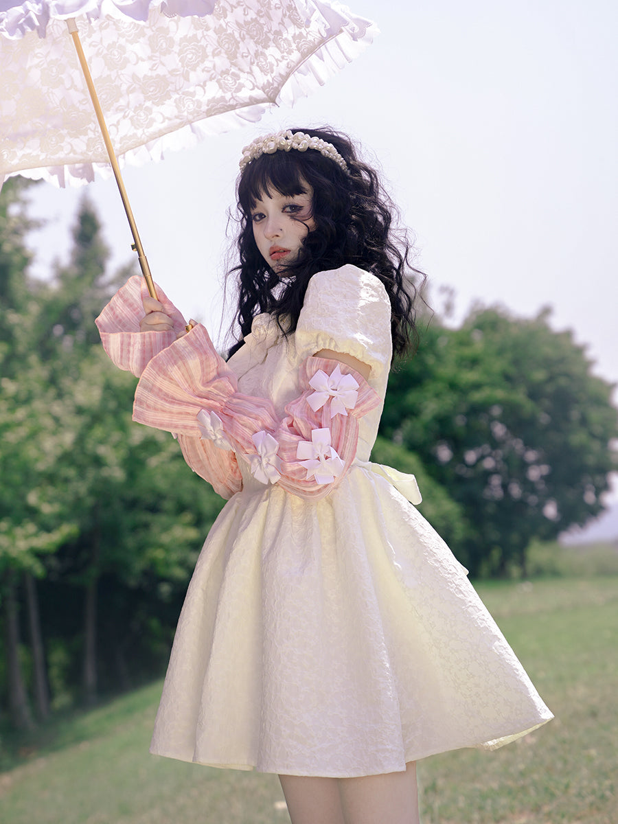 Bow Jacquard Short-sleeved Short Dress