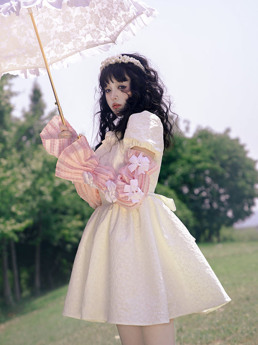 Bow Jacquard Short-sleeved Short Dress