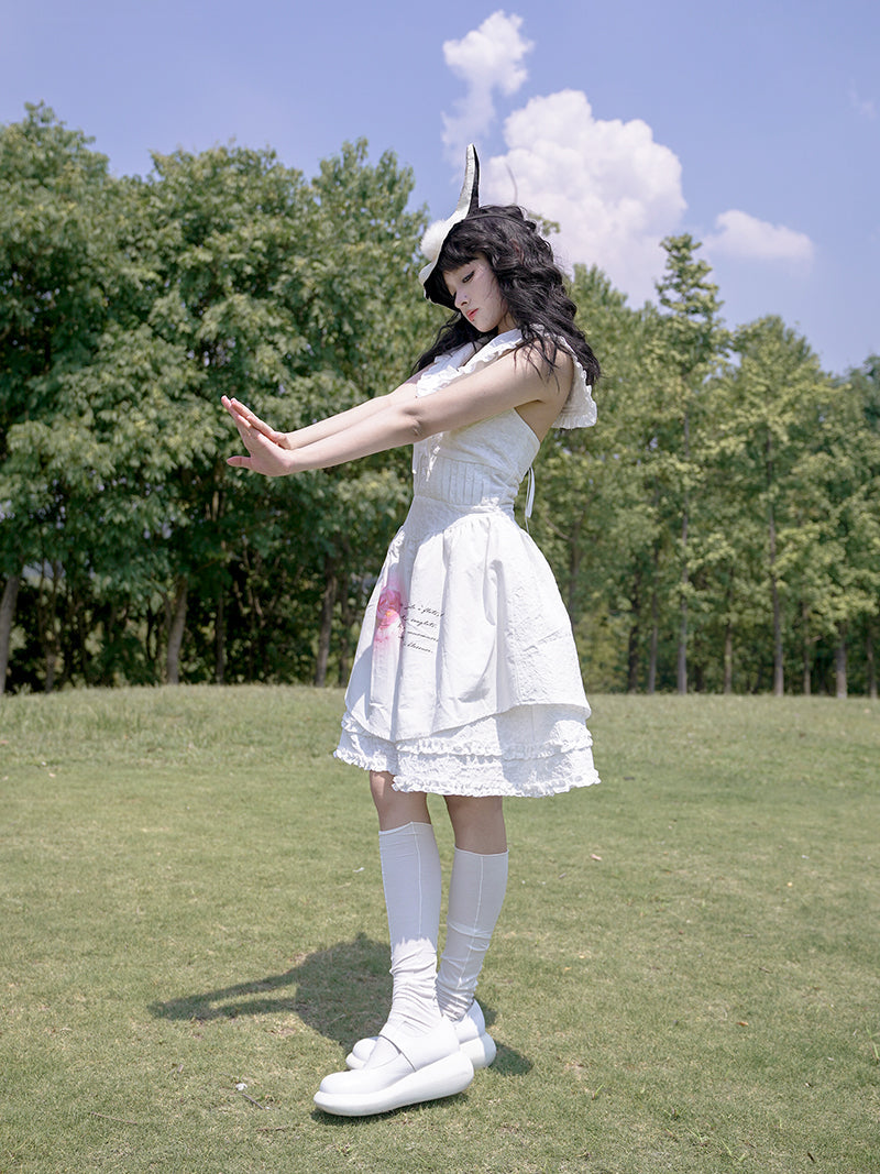 Rose Print Sleeveless Navy Neck Dress