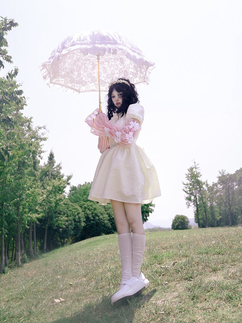 Bow Jacquard Short-sleeved Short Dress