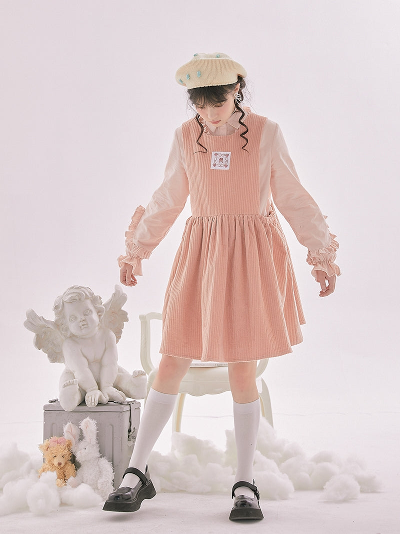 Corduroy Ribbon Fluffy Cute One-piece