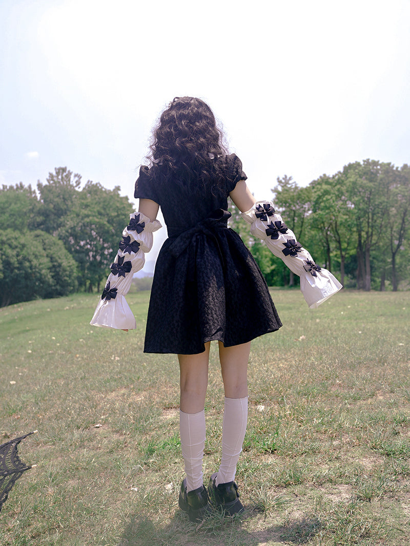 Bow Jacquard Short-sleeved Short Dress