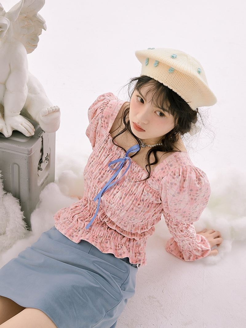 Wrinkled Gather Peplum Power-shoulder Blouse