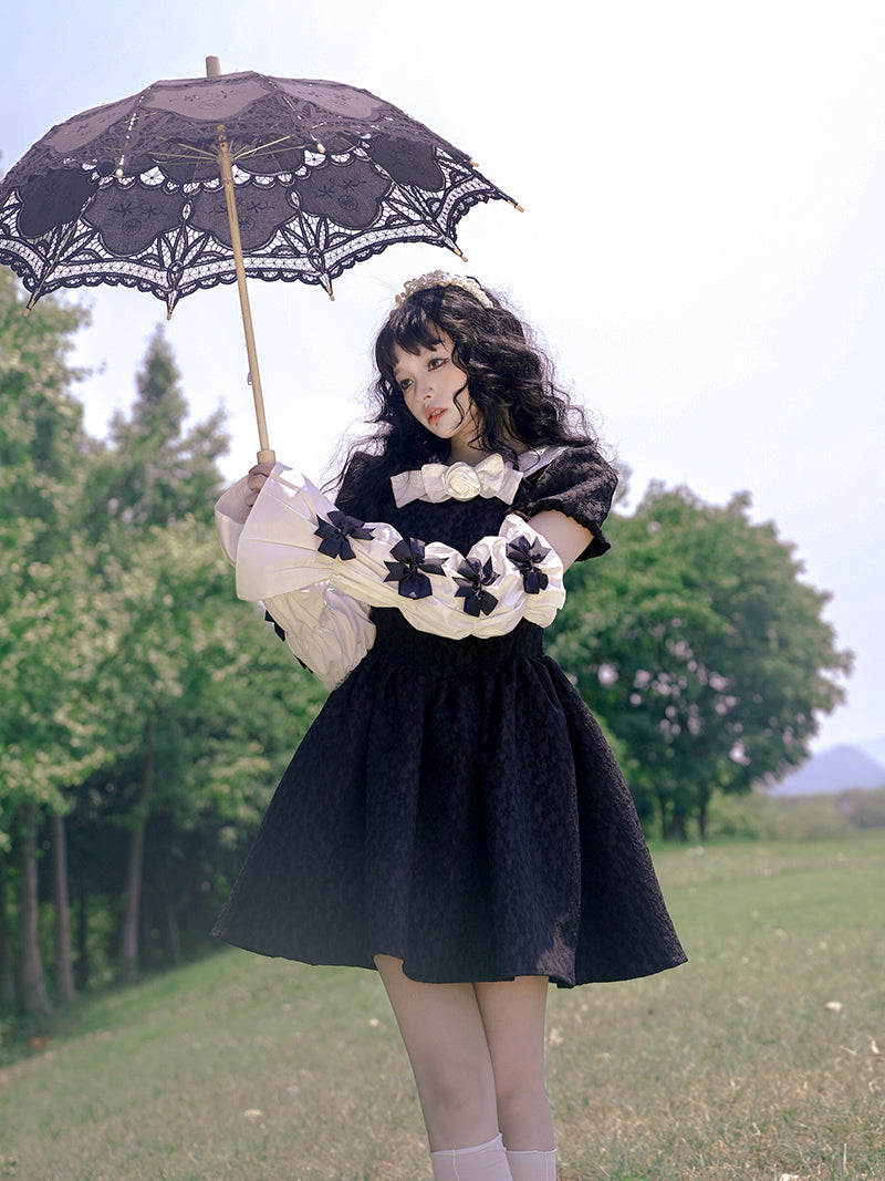 Bow Jacquard Short-sleeved Short Dress