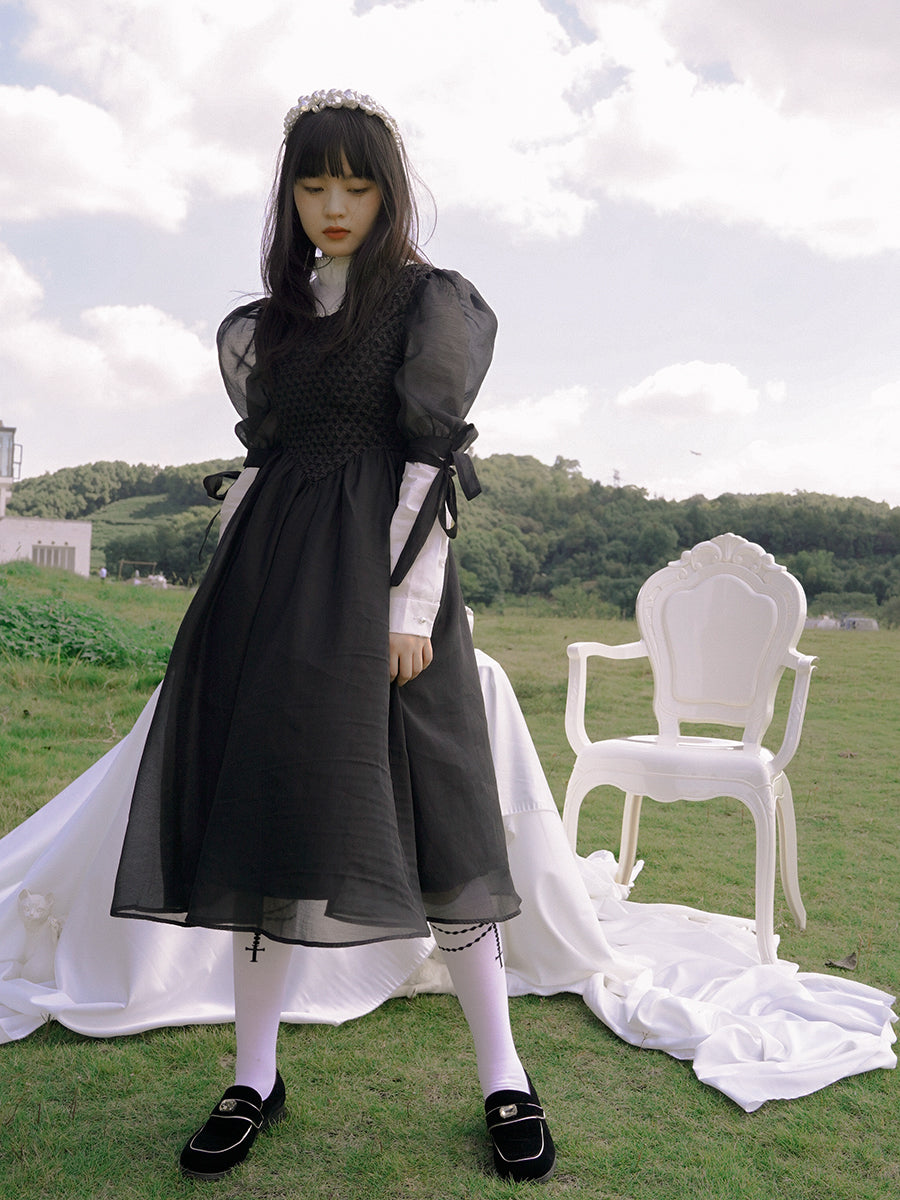 Monotone Ribbon Fluffy Ciffon One-piece