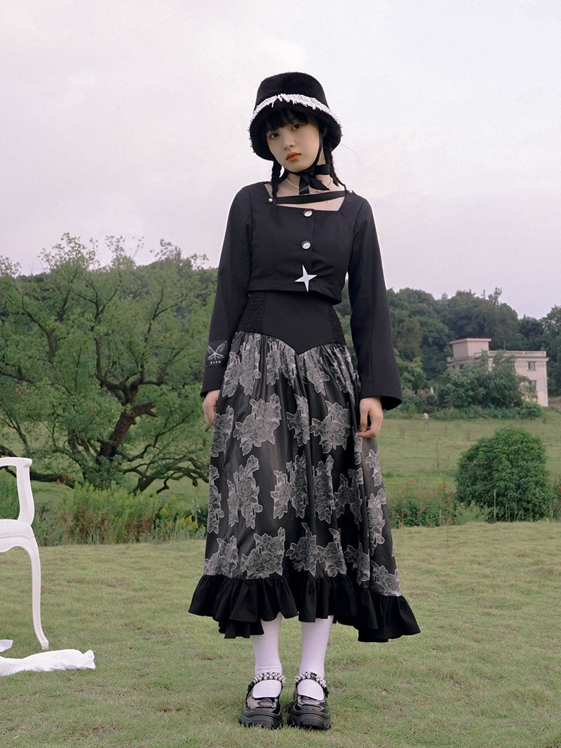 Tiered Frill Flower Retro Monotone Long Skirt