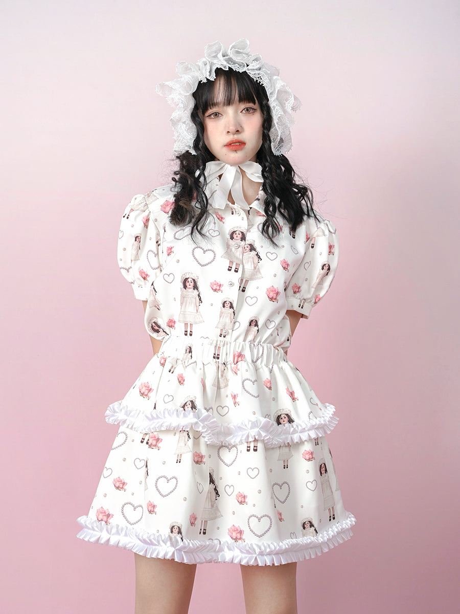 Antique Doll Rose Pearl Print Puffy Skirt