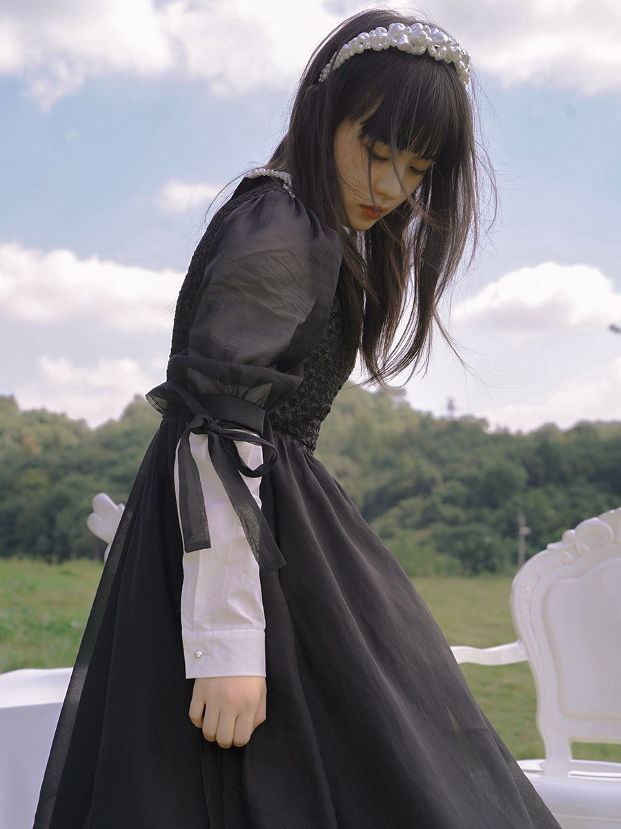 Monotone Ribbon Fluffy Ciffon One-piece