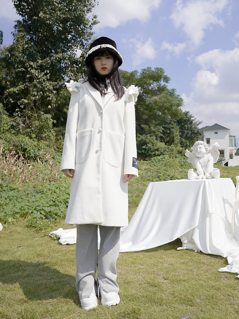 Frill Wool Girly Pearl-button Long-coat